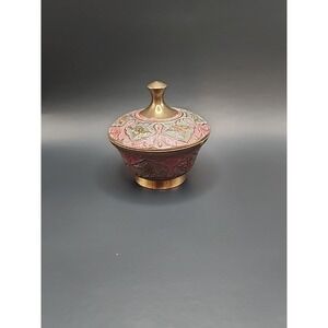Vintage Ornate Penco Industries Brass And Enamel Trinket Box W/ Lid 3" X 4.5"